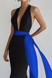 Black Halter Mermaid Long Formal Dress With Streamer
