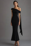 Off The Shoulder Black Mermaid Long Formal Dress WIth Streamer