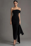 Black Bodycon One Shoulder Long Black Tie Dress With Streamer