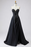 Sweetheart Black A Line Satin Plus Size Long Prom Dress with Slit