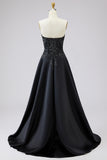 Sweetheart Black A Line Satin Plus Size Long Prom Dress with Slit