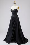 Sweetheart Black A Line Satin Plus Size Long Prom Dress with Slit