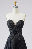 Sweetheart Black A Line Satin Plus Size Long Prom Dress with Slit