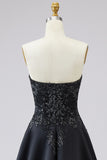 Sweetheart Black A Line Satin Plus Size Long Prom Dress with Slit