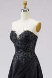 Sweetheart Black A Line Satin Plus Size Long Prom Dress with Slit