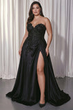 Sweetheart Black A Line Satin Plus Size Long Prom Dress with Slit