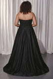 Sweetheart Black A Line Satin Plus Size Long Prom Dress with Slit