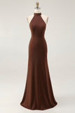 Coffee Mermaid Halter Neck Open Back Long Formal Dress