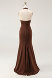 Coffee Mermaid Halter Neck Open Back Long Formal Dress