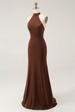 Coffee Mermaid Halter Neck Open Back Long Formal Dress