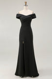 Off The Shoulder Black Sheath Long Formal Dress with Slit