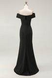Off The Shoulder Black Sheath Long Formal Dress with Slit