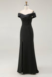 Off The Shoulder Black Sheath Long Formal Dress with Slit
