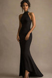 Elegant Mermaid Halter Backless Long Black Tie Dress