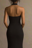 Elegant Mermaid Halter Backless Long Black Tie Dress