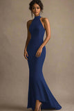 Elegant Mermaid Halter Backless Long Black Tie Dress