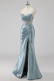 Grey Blue Mermaid Spaghetti Straps Corset Long Prom Dress with Slit