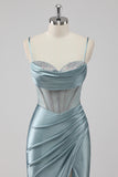 Grey Blue Mermaid Spaghetti Straps Corset Long Prom Dress with Slit