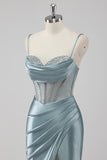 Grey Blue Mermaid Spaghetti Straps Corset Long Prom Dress with Slit