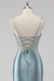 Grey Blue Mermaid Spaghetti Straps Corset Long Prom Dress with Slit