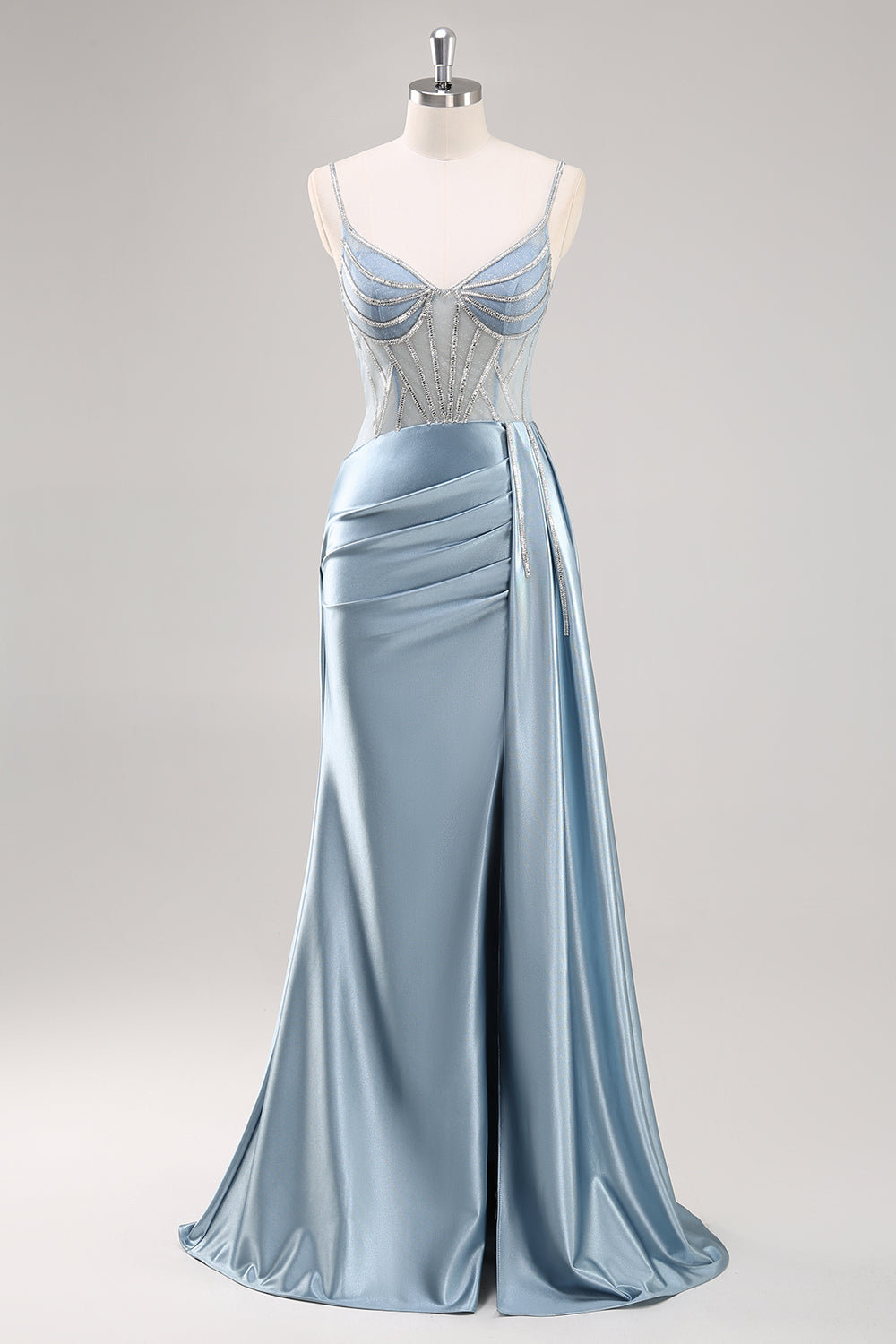 Wedtrend Women Dusty Blue Long Prom Dress With Slit Mermaid Pleated Sheer Corset Satin Streamer Formal Dress WEDTREND Wedtrend Women Dusty Blue Long Prom Dress With Slit Mermaid Pleated Sheer Corset Satin Streamer Formal Dress WEDTREND
