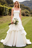 Ivory Spaghetti Straps A Line Ruffled Wedding Dress