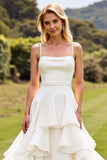 Ivory Spaghetti Straps A Line Ruffled Wedding Dress