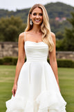 Ivory Ruffle A Line Long Wedding Dress