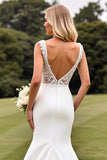 Ivory Lace Mermaid V Neck Wedding Dress with Slit