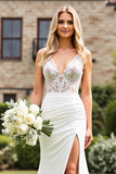 Lace Ivory V Neck Ruched Mermaid Wedding Dress with Slit
