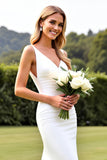 Simple Ivory Satin Mermaid V Neck Weddding Dress with Slit