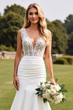 Mermaid Ivory V-Neck Wedding Dress With Lace
