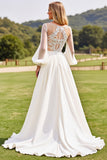 Ivory A Line Lace Appliques Wedding Dress with Long Sleeves