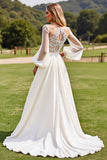 Ivory A Line Lace Appliques Wedding Dress with Long Sleeves