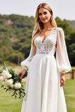 Ivory A Line Lace Appliques Wedding Dress with Long Sleeves