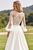 Ivory A Line Lace Appliques Wedding Dress with Long Sleeves