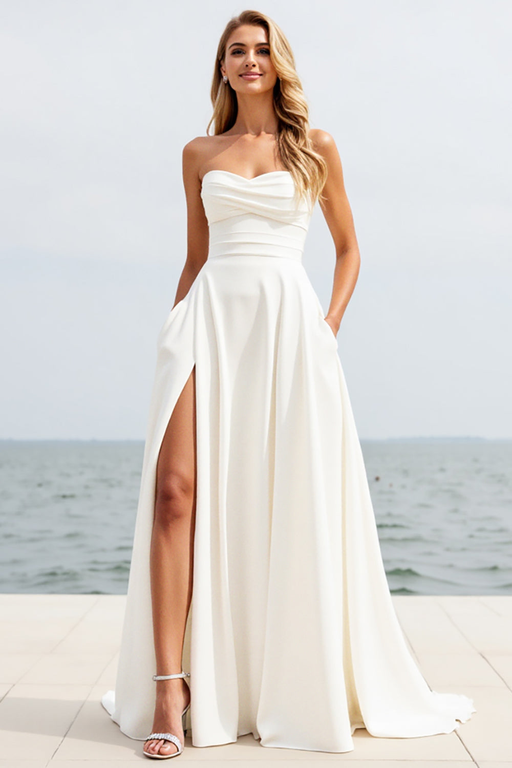 Wedtrend Women Ivory Wedding Dress with Slit Strapless A Line Ruched Long Bridal Dress WEDTREND Wedtrend Women Ivory Wedding Dress with Slit Strapless A Line Ruched Long Bridal Dress WEDTREND