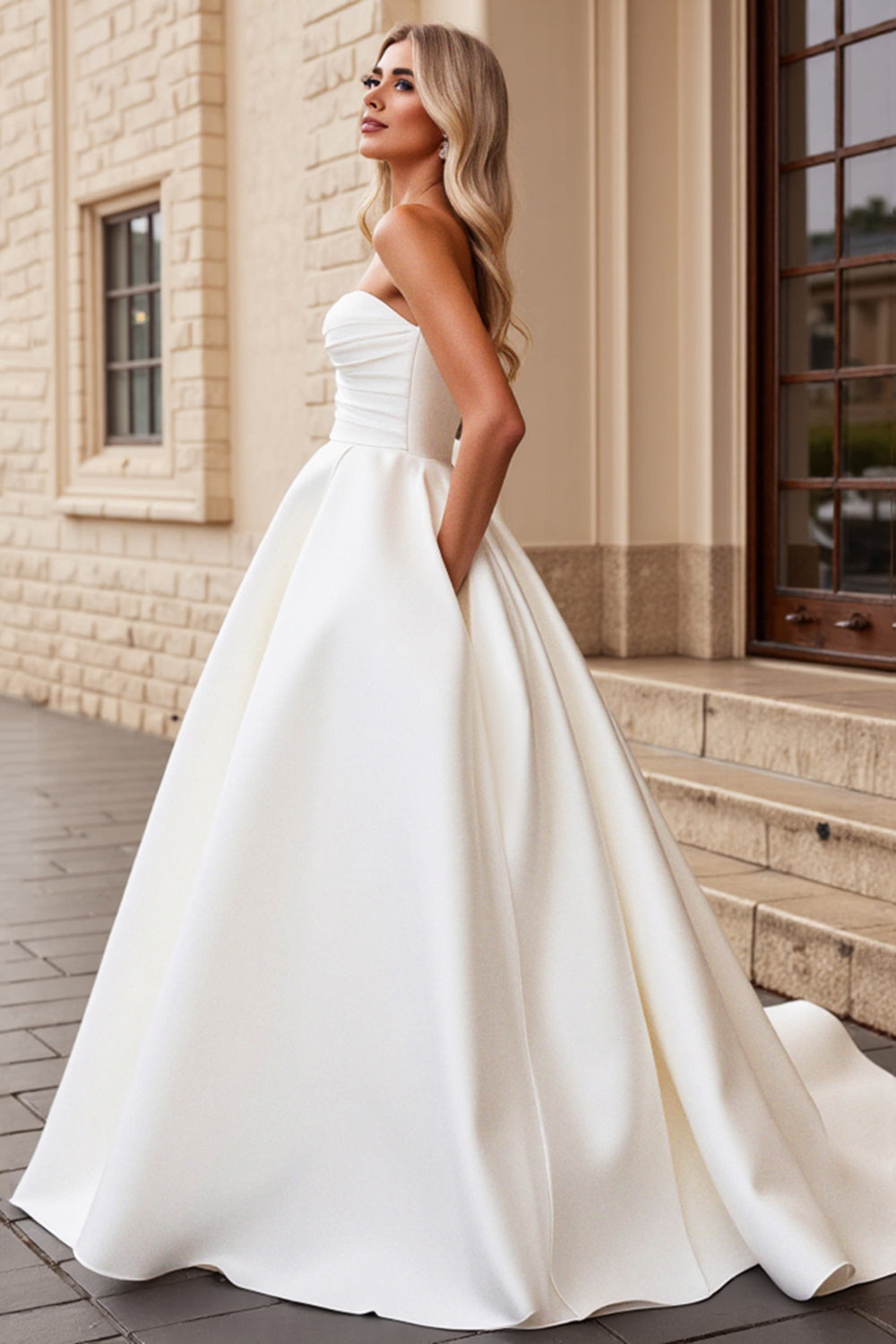 ruched bridal dress Leely Women Ivory Sheath Floor-Length Wedding Dress with Sleeves V-Neck Ruched Bridal Dress