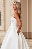 Strapless Ivory A Line Pleated Wedding Dress