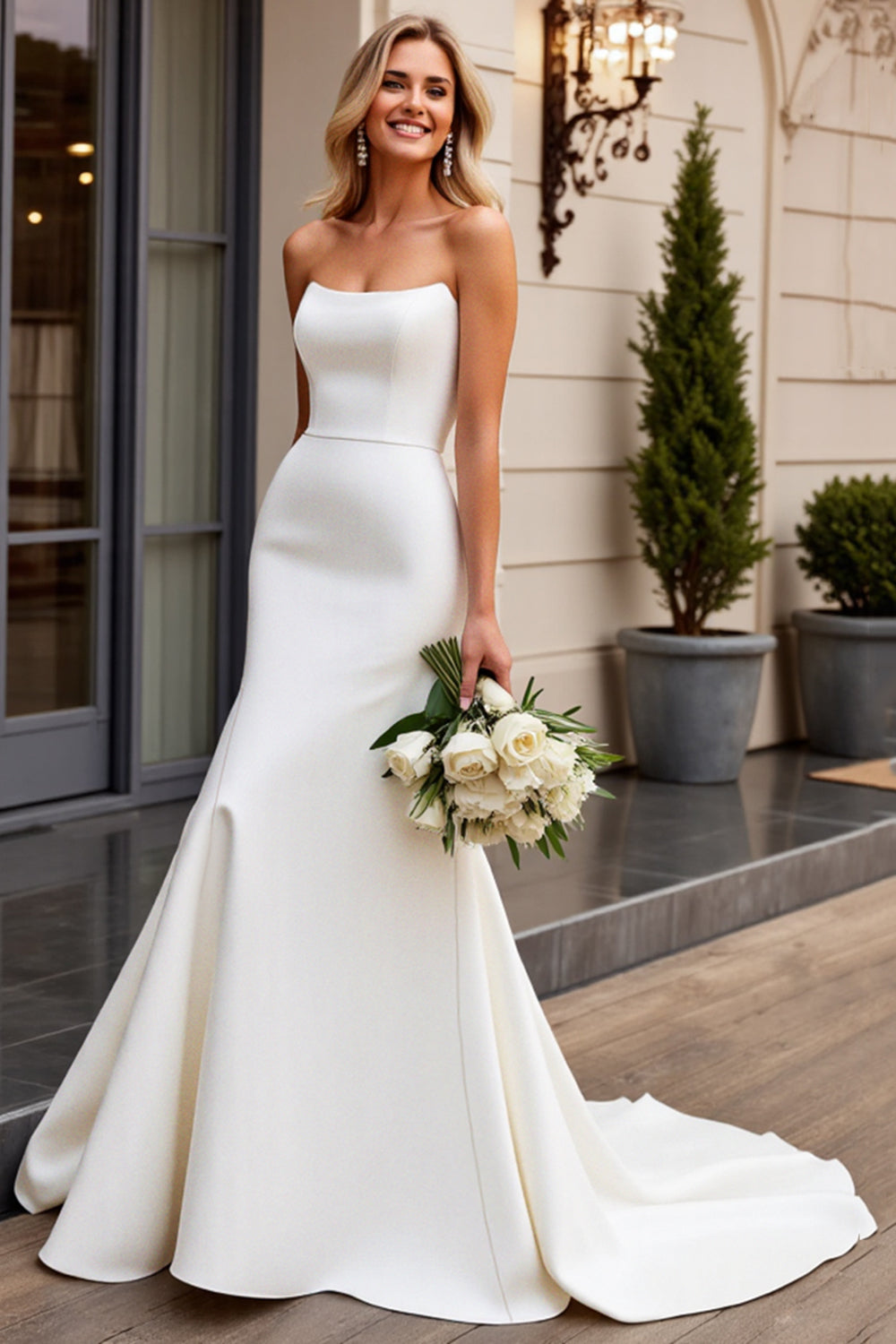 Wedtrend Women Ivory Wedding Dress Strapless A Line Satin Long Formal Dress, Ivory / US22W