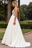 Ivory Spaghetti Straps Satin Long Wedding Dress With Lace