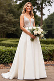 Ivory Spaghetti Straps Satin Long Wedding Dress With Lace