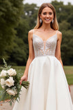 Ivory Spaghetti Straps Satin Long Wedding Dress With Lace