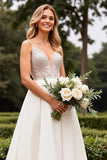 Ivory Spaghetti Straps Satin Long Wedding Dress With Lace