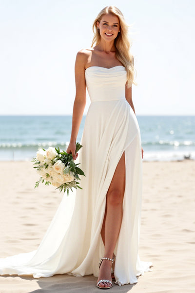 Ivory A Line Strapless Long Wedding Dress With Slit