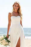 Ivory A Line Strapless Long Wedding Dress With Slit