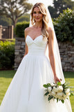 Ivory A Line Strapless Pleated Long Wedding Dress