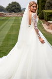 A Line Ivory Long Sleeves Appliqued Wedding Dress