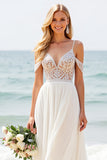 A Line Ivory Cold Shoulder Lace Long Wedding Dress