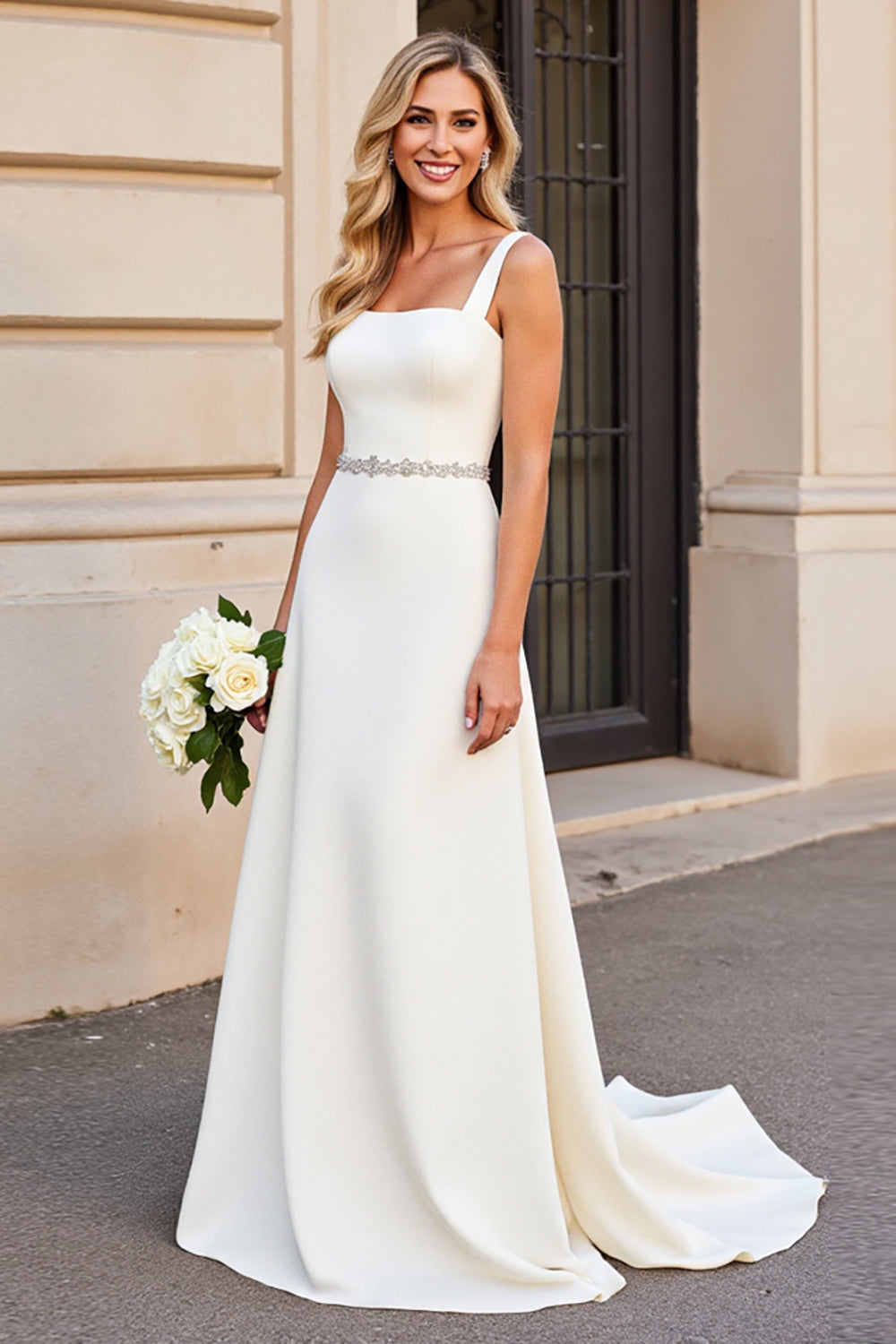 Wedtrend Women Simple Ivory Wedding Dress A Line Satin Beaded Square Neck Long Bridal Dress WEDTREND Wedtrend Women Simple Ivory Wedding Dress A Line Satin Beaded Square Neck Long Bridal Dress WEDTREND